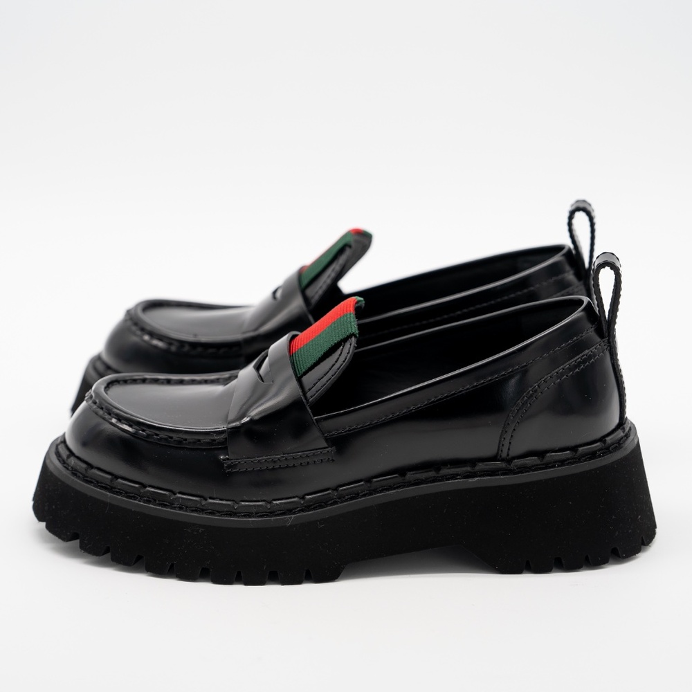 size 36G 6 US Gucci Lug Sole Penny Loafers Black Web Leather - Picture 4 of 12